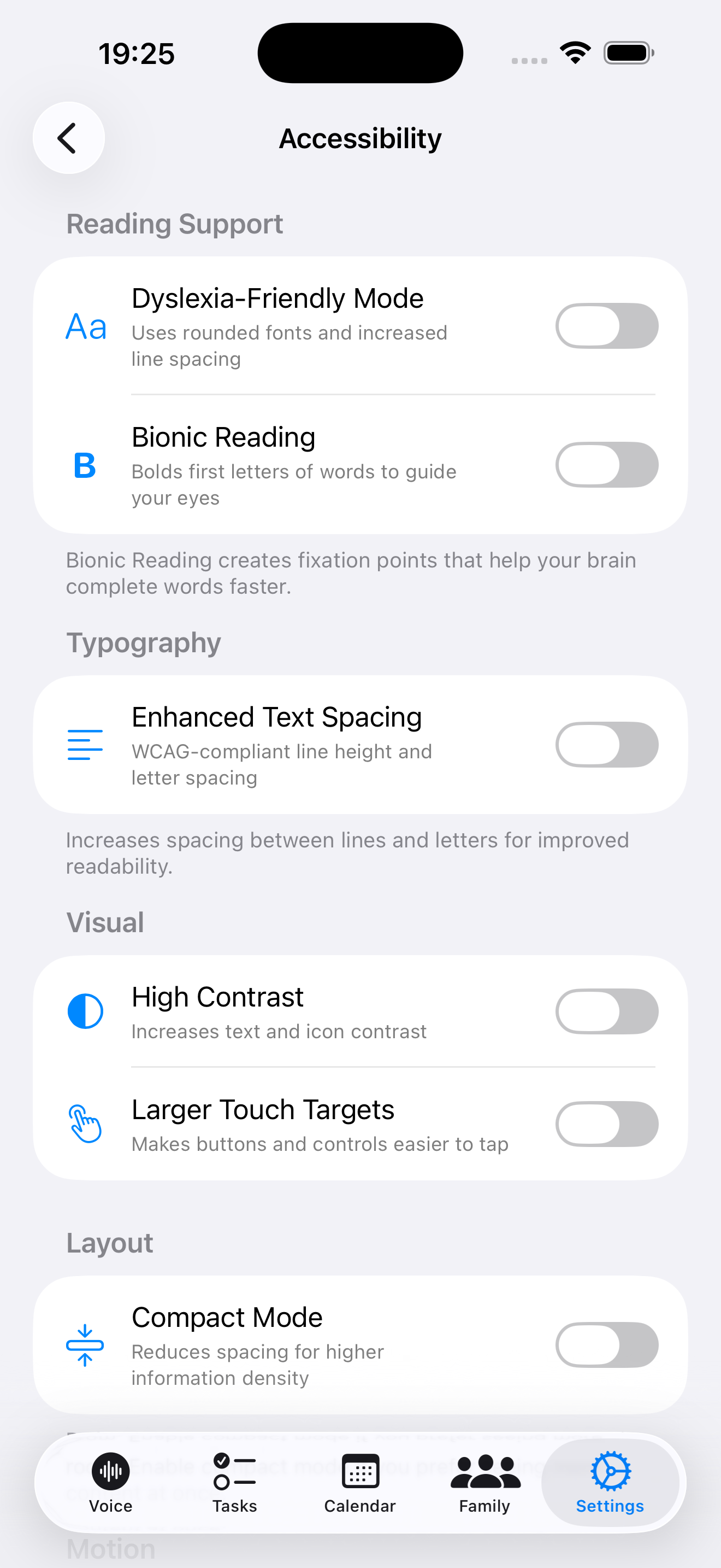 VoiceTasks accessibility settings showing dyslexia-friendly options