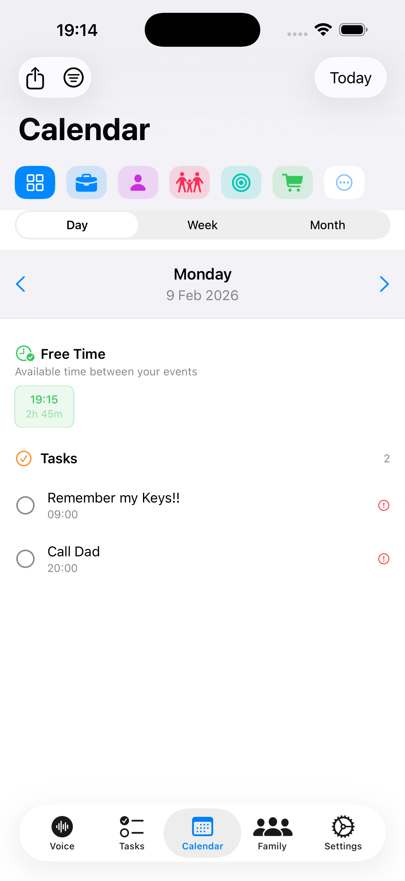 Calendar tab showing events and tasks together