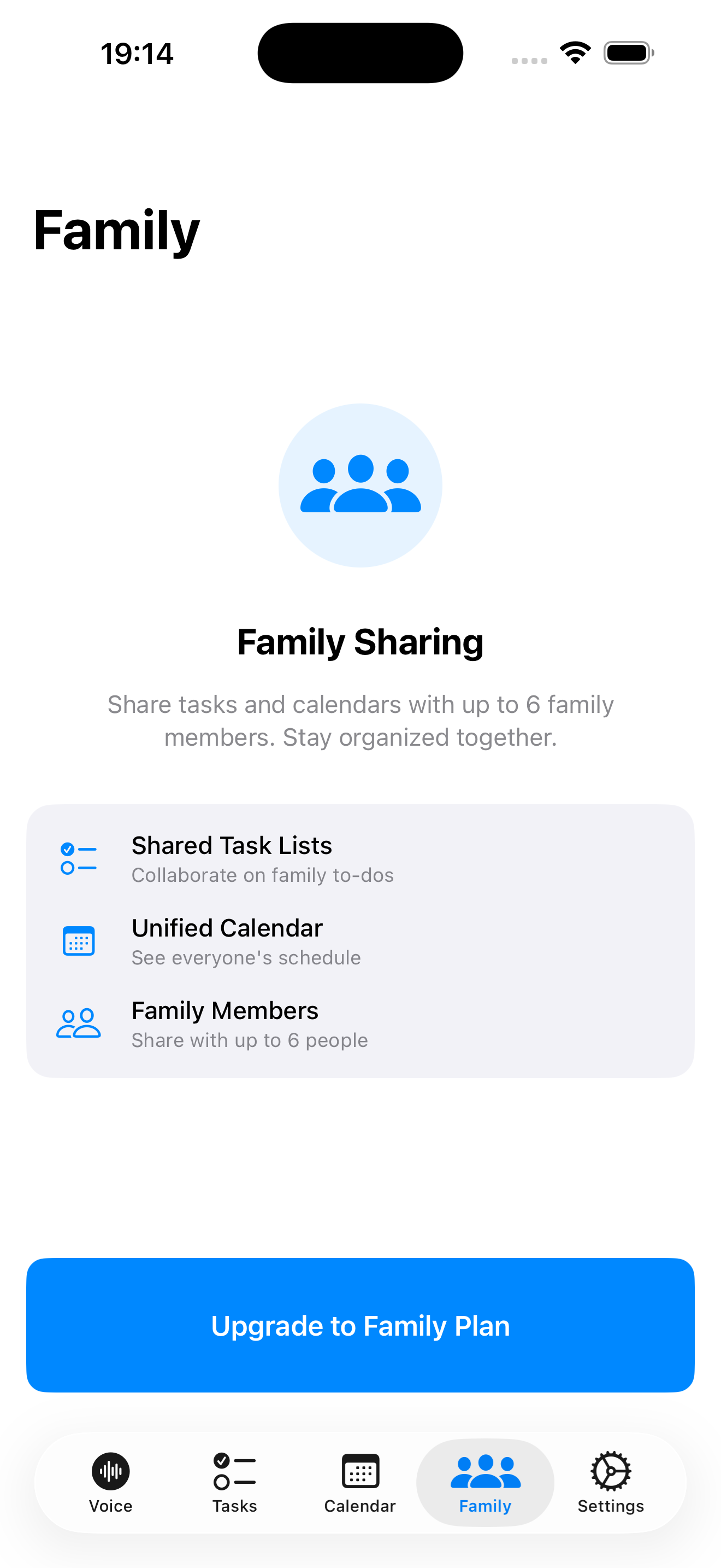VoiceTasks Family tab showing shared task lists, unified calendar, and family members