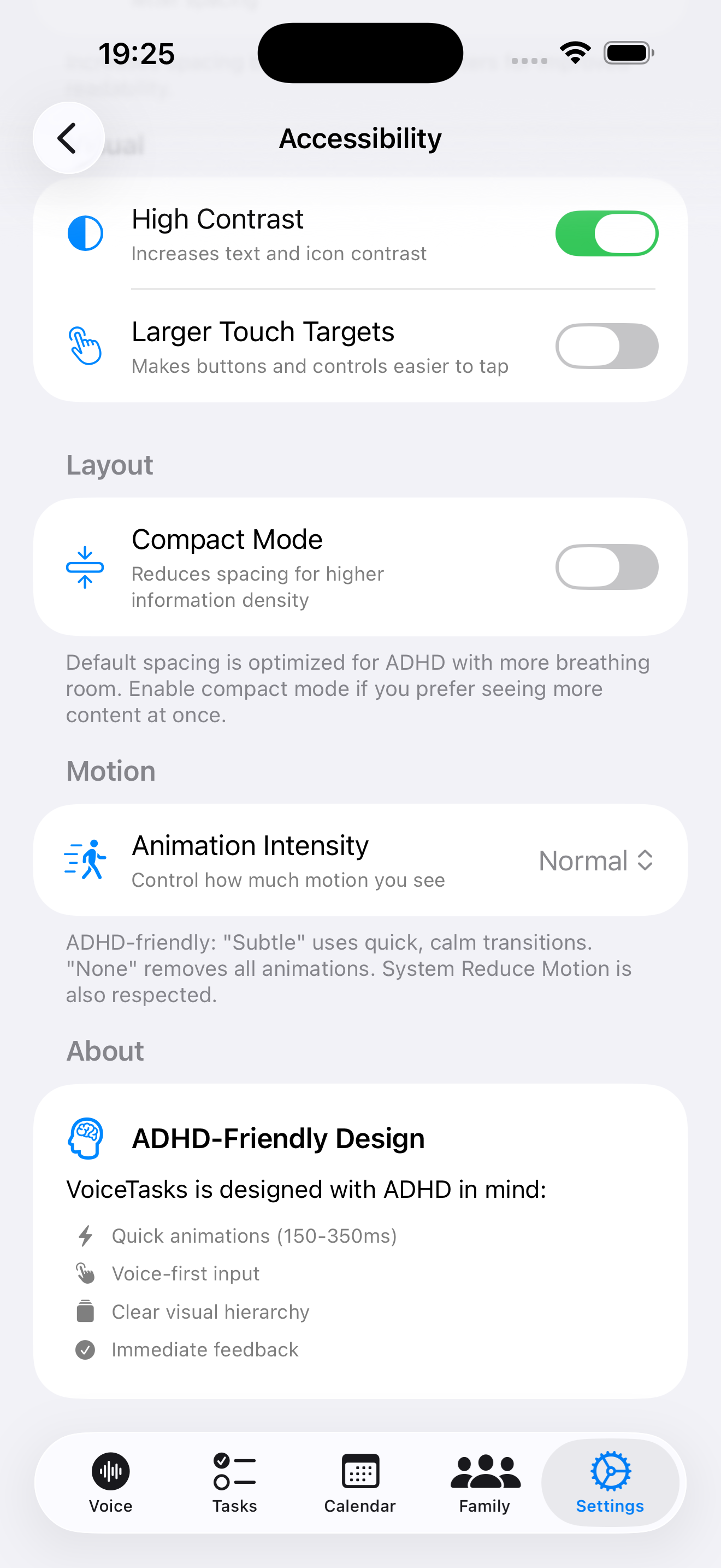 VoiceTasks accessibility detail settings showing high contrast, touch targets, and ADHD-friendly design