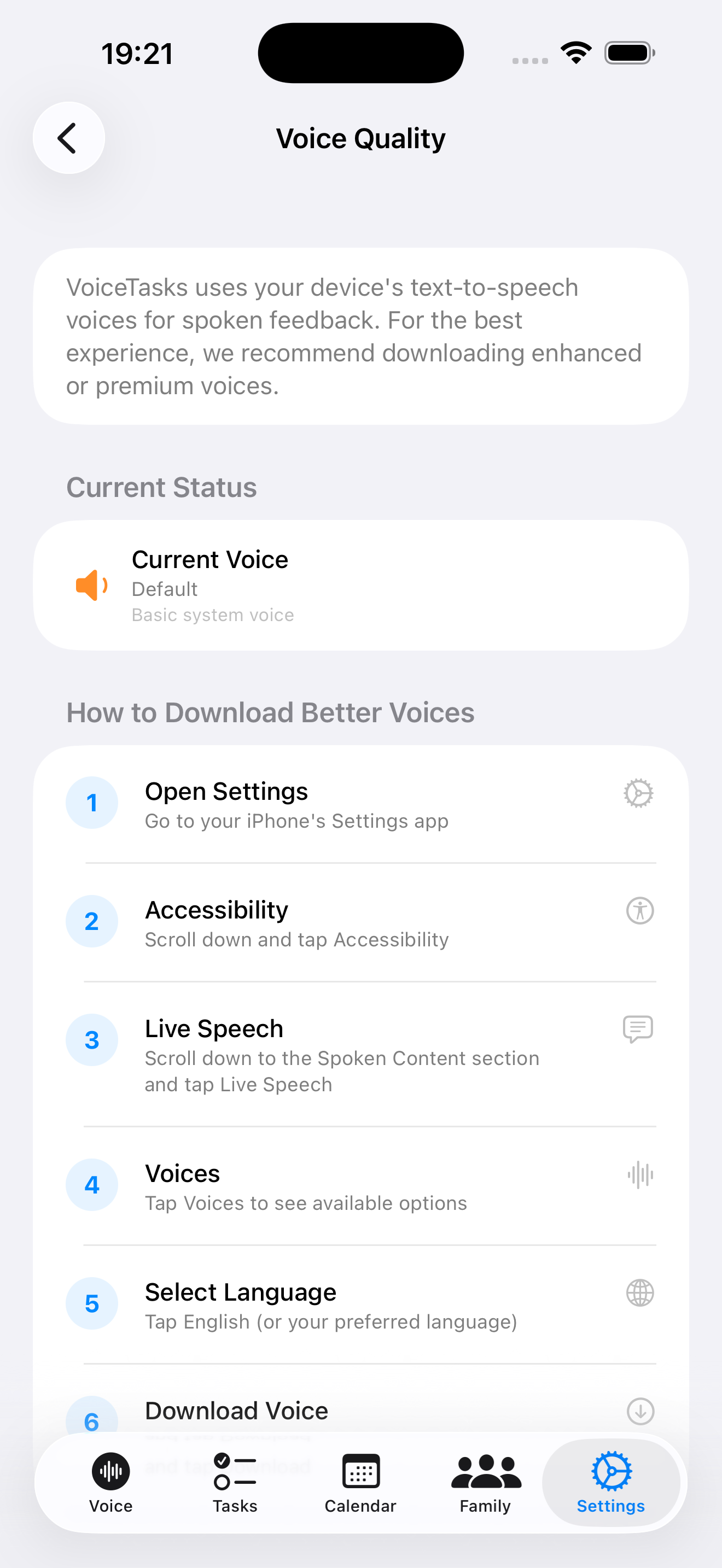 VoiceTasks Voice Quality settings showing current voice status and download steps