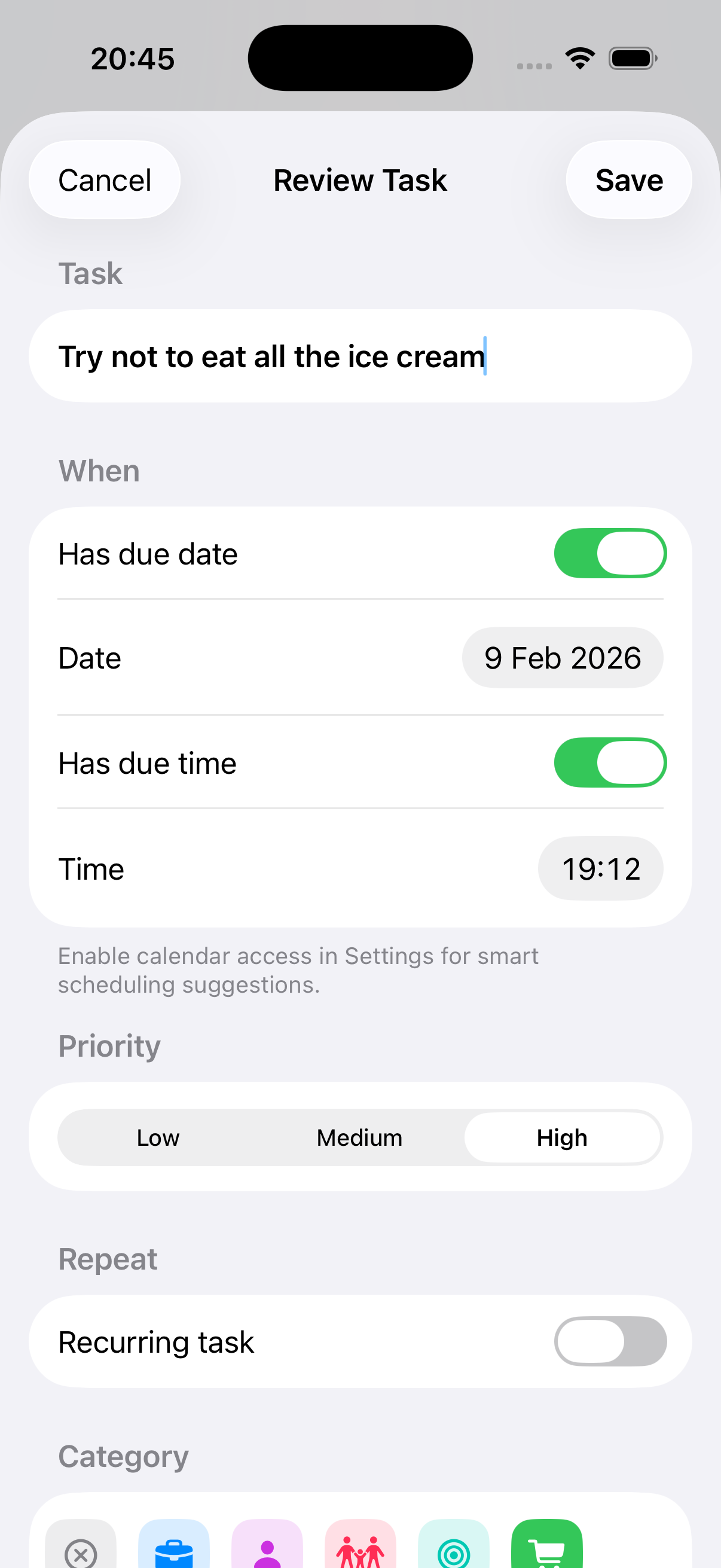 Task review screen with extracted details
