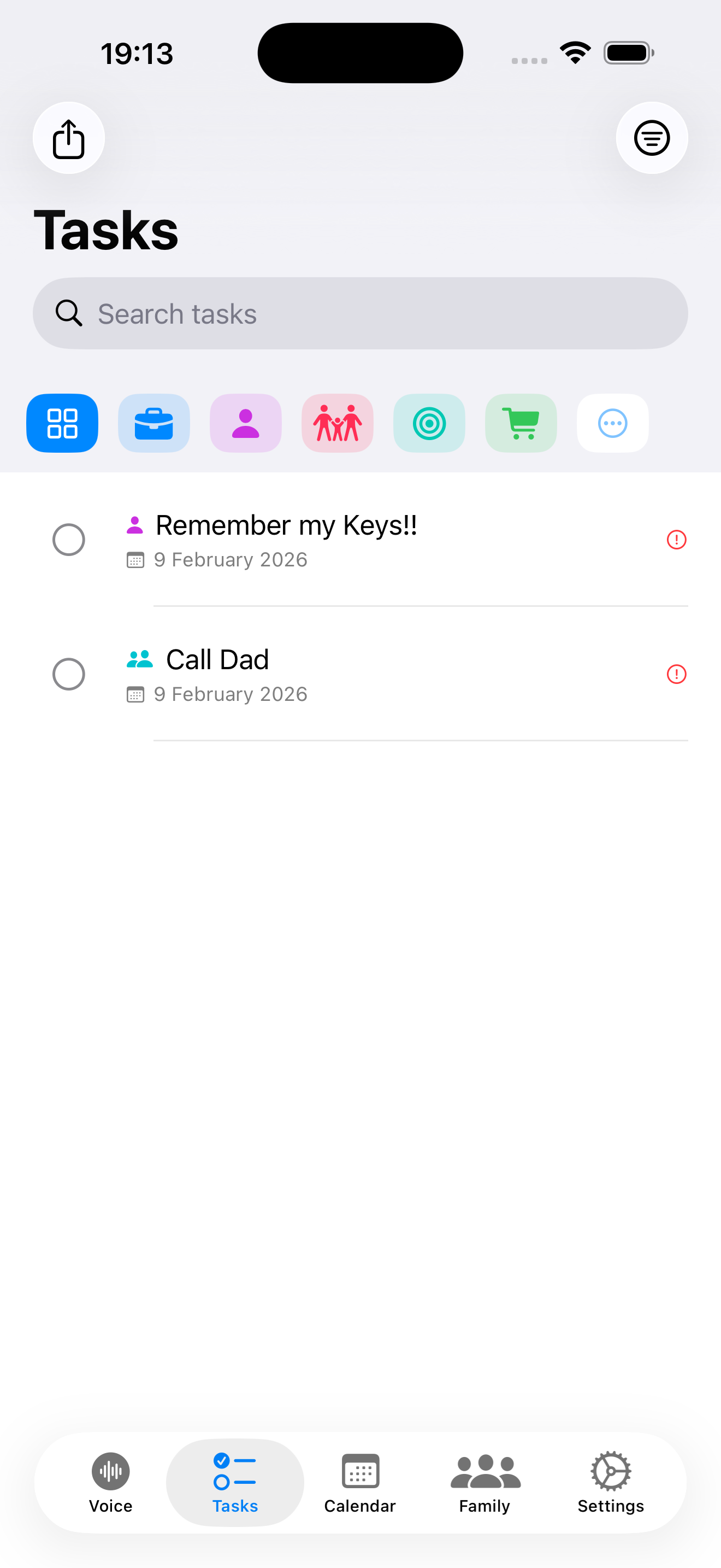Task list showing the saved task