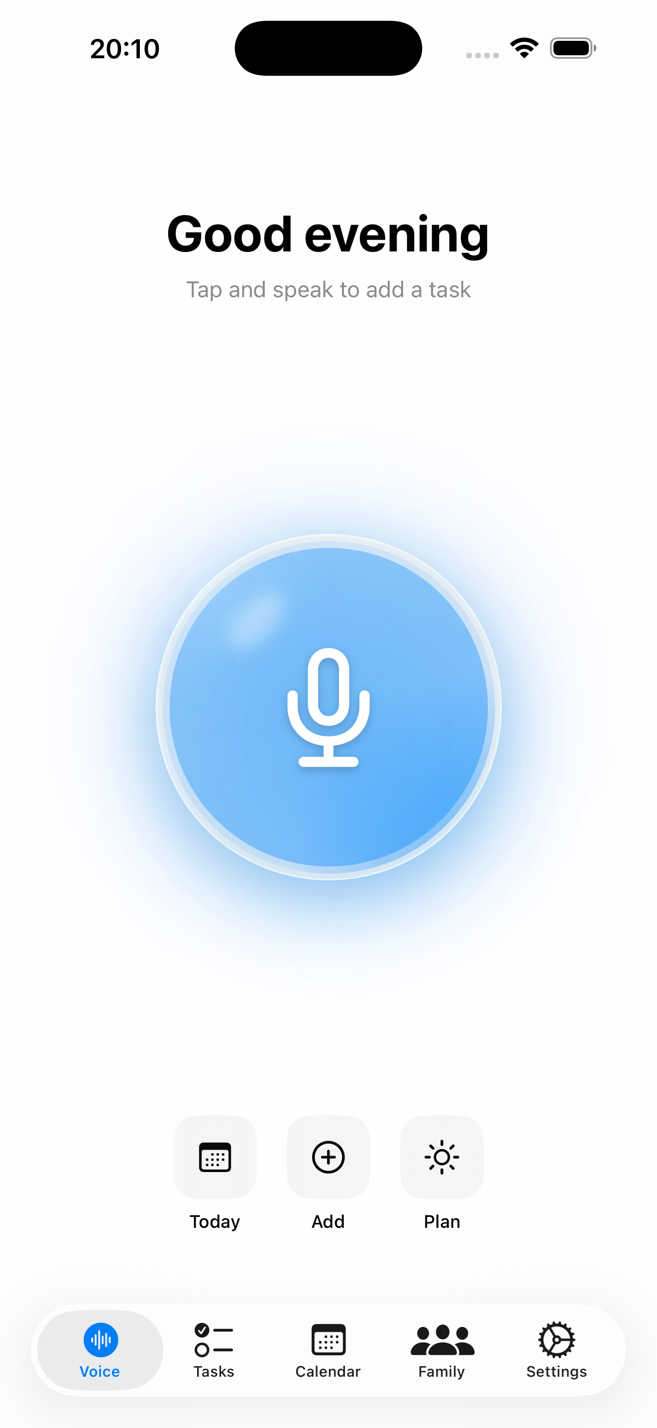 VoiceTasks voice input screen showing the voice orb ready to record